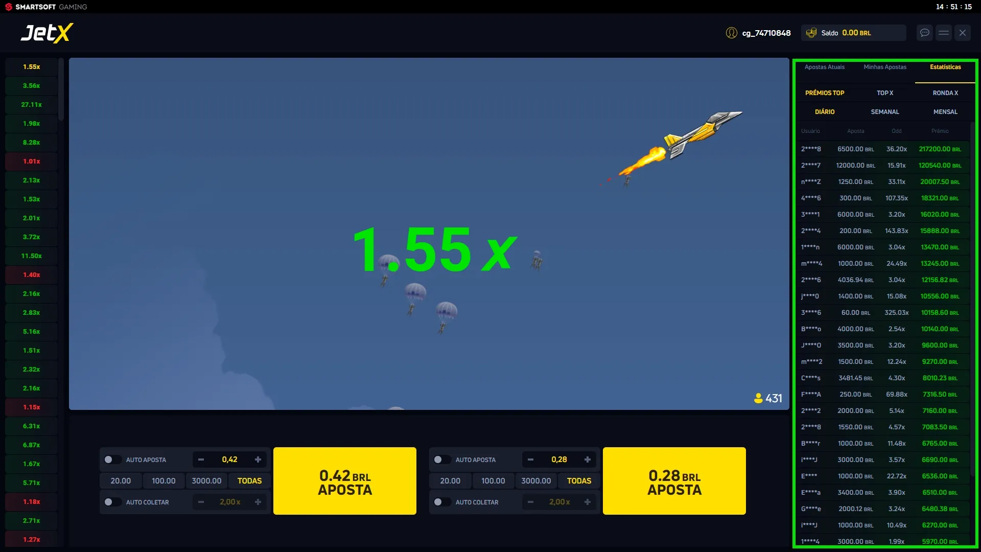 Foguete JetX em voo — ritmo rápido de rodadas